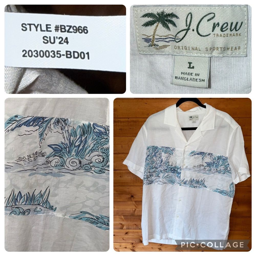 J Crew Mens L Cotton Linen Camp Collar Shirt Beach Mix Tropical Short Sleeve Top